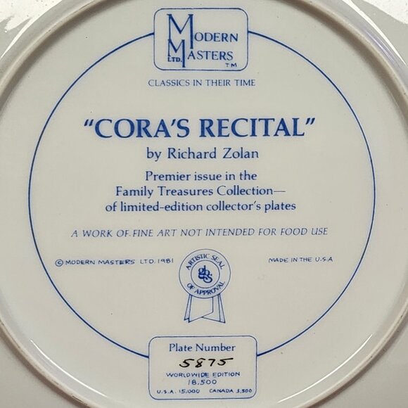 Vintage Richard Zolan Collectible Plate "Cora's Recital" 1981 - Picture 3 of 7